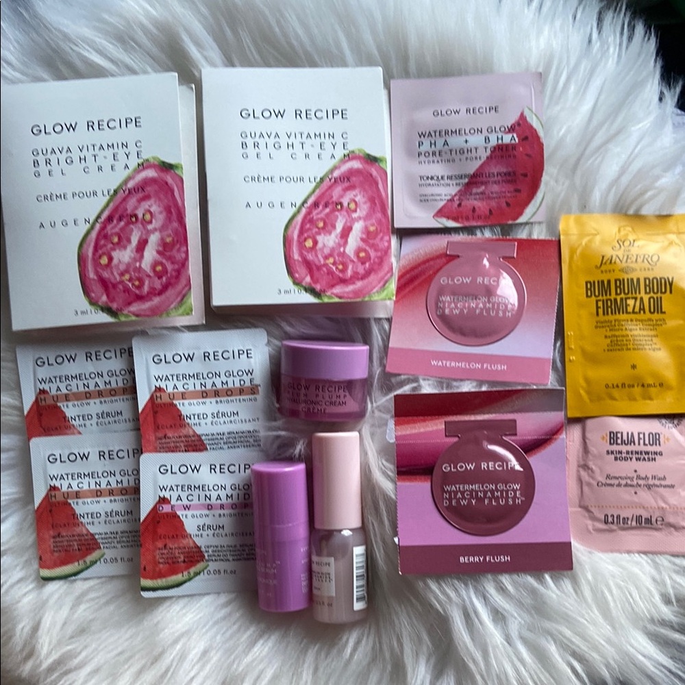 Glow Recipe & Sol De Janeiro Sample Lot; Plum Plump Cream Glow Dew Drops & More